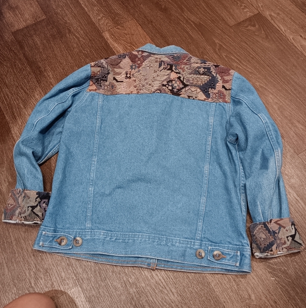 Vintage 1990s LL Bean Floral Geometric Pattern Denim Jacket Unisex Sx S - Picture 6 of 6